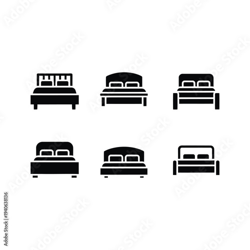 Various black bed icons in different styles white background.