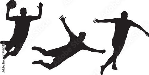 Three different action poses of male athletes playing handball and soccer vector illustration