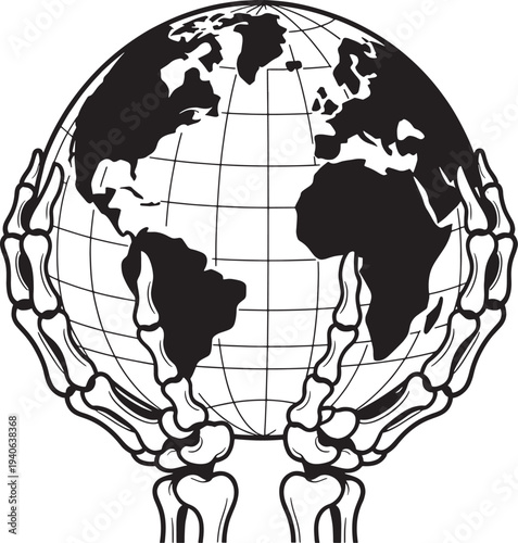 Skeleton hands holding globe vector silhouette art, earth in palm of bony hands, world map