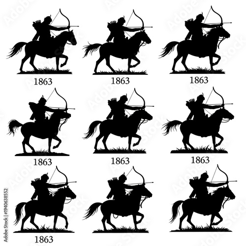 Set of 9 Black Silhouette Horse Archer Vector Illustrations with 1863 Text, Dynamic Equestrian Warriors with Bow and Arrow for Historical or Cultural Designs