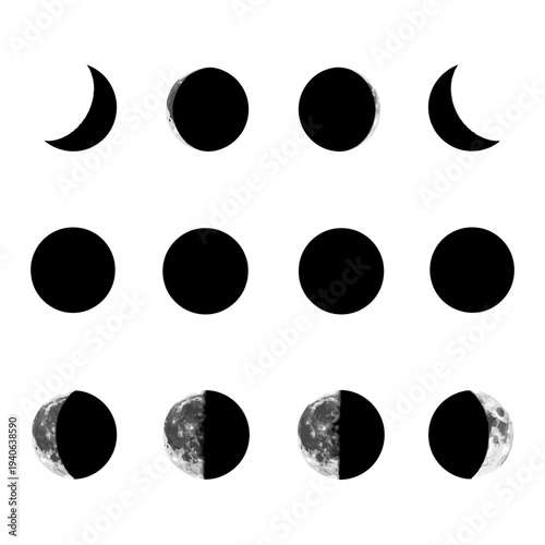 Set of 12 Moon Phases Vector Icons with Realistic and Minimalist Styles, Featuring Crescent, Half, and Full Moons in Black and White for Astronomy and Astrology Designs