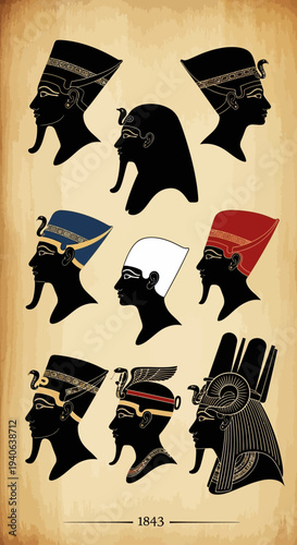 Set of 9 Ancient Egyptian Pharaoh and Queen Head Silhouettes Vector Illustrations with Ornate Headdresses and Crowns on Aged Paper Background