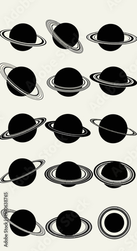Set of 15 Black Saturn Planet Icons Vector Illustration with Rings in Various Perspectives for Space and Astronomy Designs