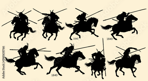 Set of 9 Black Silhouette Medieval Knights on Horseback with Spears Vector Illustrations for Historical Battle Scenes and Graphic Design