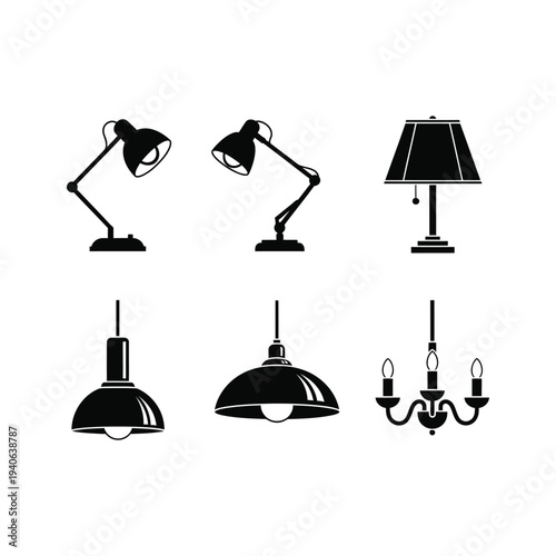Collection of various lighting fixtures and lamps isolated on white background.