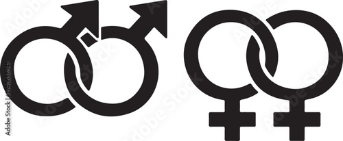 Two interlocked gender symbols icon representing love, relationships, equality, LGBTQ+ and inclusivity.