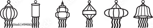 Hanging round lamp icon set. Modern ceiling light fixture vector outline symbols for interior lighting.