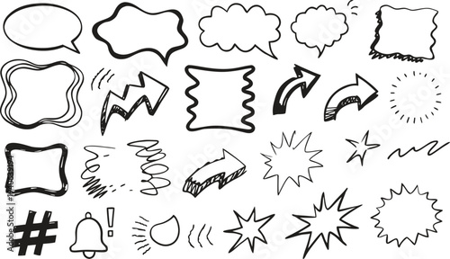 Collection of hand drawn speech bubbles thought balloons and various doodle elements