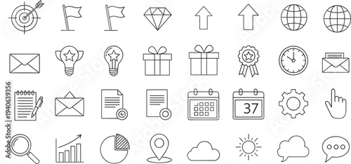 User interface productivity icon set, black line symbols, communication and business graphics, digital design elements, universal outline illustration collection