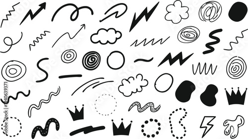 Collection of hand drawn doodle elements including arrows swirls and abstract shapes on white
