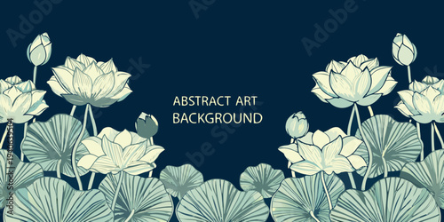 Elegant lotus flowers and leaves form a decorative teal background