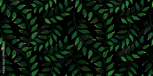 Dark background with a dense pattern of stylized green leaves