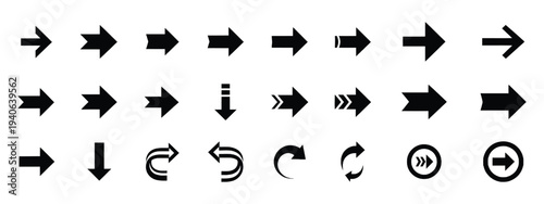 A collection of various black arrow symbols on a white background for directional and navigation purposes in design