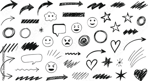 A collection of hand drawn doodle elements including arrows faces stars and speech bubbles