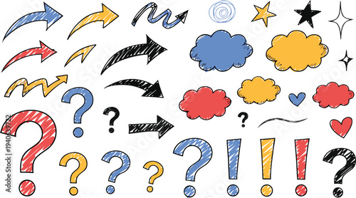 A colorful assortment of hand drawn arrows speech bubbles question marks and exclamation points