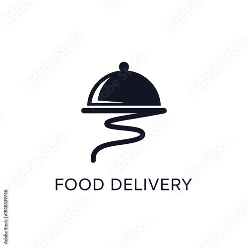Food delivery service, simple silhouette cloche icon, hot meal with steam, vector