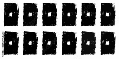 Abstract composition of six rectangular black and white brushstroke forms