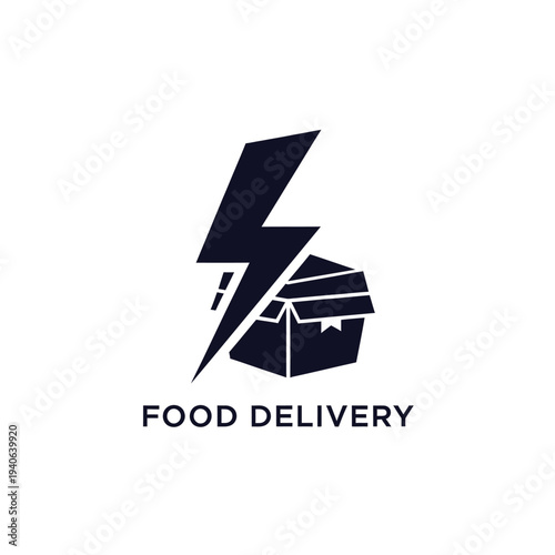 Food delivery service, fast shipping with lightning bolt and open box, vector symbol