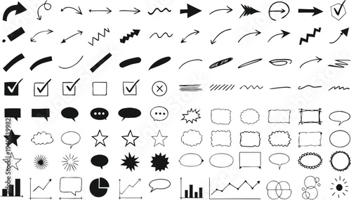 Collection of various hand drawn arrows shapes and doodle elements in black and white