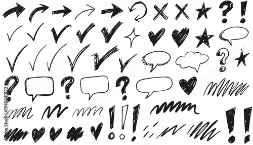 A collection of hand drawn doodles including arrows checks speech bubbles and abstract shapes
