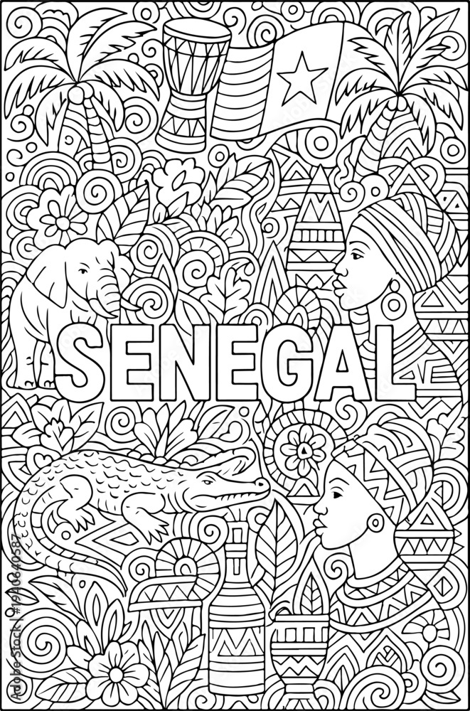 Obraz premium Senegal hand drawn vector illustration doodle art line art coloring page for kids