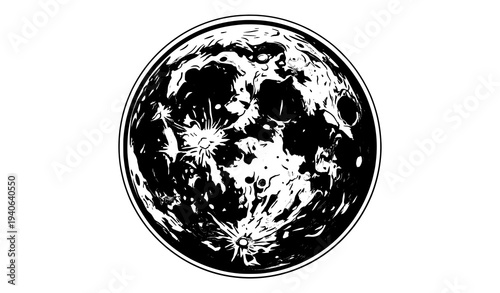 Top-down moon surface vector illustration with detailed craters and shadows on white