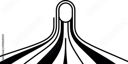 Dynamic abstract black and white graphic with curved lines