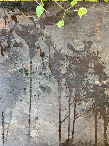 A dirty, stained surface with a leafy green plant growing out of it