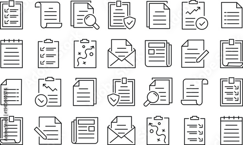A comprehensive collection of document and file-related line icons for business and administrative purposes, showcasing various tasks and concepts.