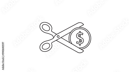 Scissors cutting dollar coin in simple line art style with black outline on white background for financial icon