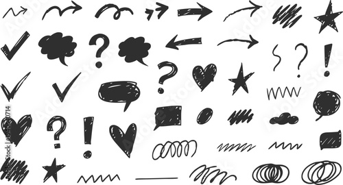 Collection of hand drawn doodle elements including arrows speech bubbles and various symbols