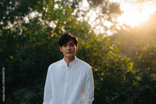 Young male asian adult in white shirt standing in green nature at golden hour calm portrait