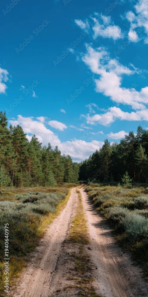 Fototapeta premium Sandy dual ruts cutting through heathland and pine forest beneath scattered clouds and bright blue summer sky, remote countryside track with low shrubs