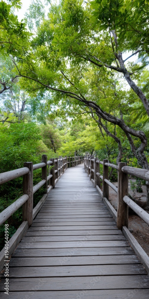 Fototapeta premium Wooden boardwalk forest walkway green path through lush trees and foliage with rustic railing leading into a serene natural canopy and tranquil trail