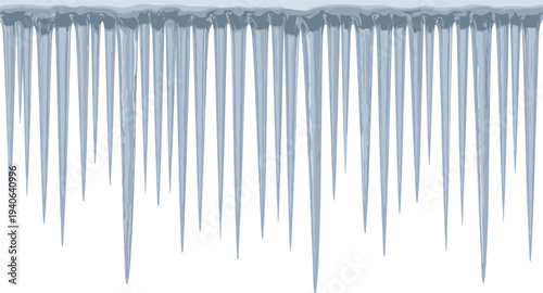 Winter icicles hanging from roof edge, frozen water formations, cold weather background, seasonal ice texture, natural frozen decoration, frosty climate illustration