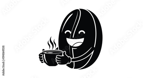 Happy coffee bean character enjoying a warm beverage a delightful silhouette