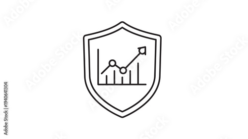 Shield icon with graph and upward trend line in simple line art style on white background for business security