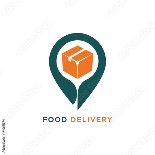 Food delivery pin icon with orange parcel for locating restaurants and parcel pickup point