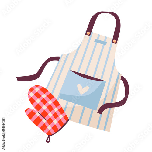 Kitchen apron with pocket and oven mitt glove, cozy baking and cooking concept for homemade kitchen activities. Flat vector illustration.