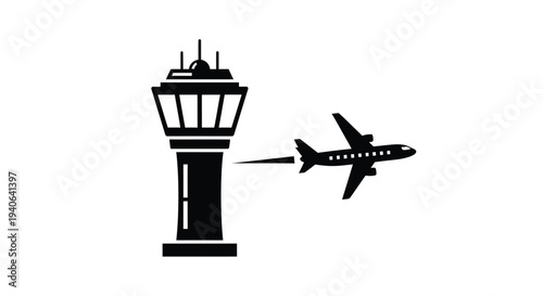 Airport control tower and airplane in striking black silhouette
