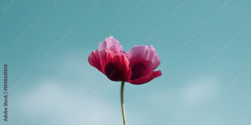 Fototapeta premium Twin pink poppy blooms against turquoise blue sky minimal floral macro paired petals stems isolated and airy composition