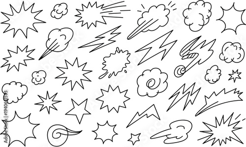 Cartoon comic book style explosion and lightning bolt graphics