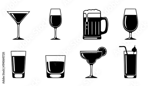 Minimal Bar Drink Icon Set Black and White Vector Cocktail Glass Symbols Isolated on White