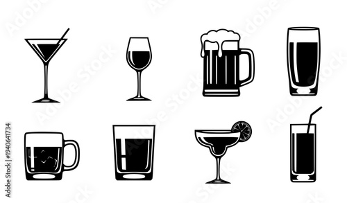 Cocktail Glass Silhouette Vector Icon Collection Bar Drink Symbols Isolated on White