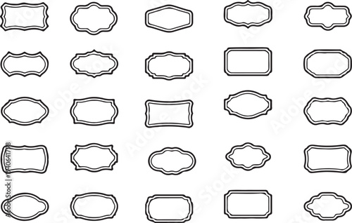 25 Vintage Decorative Labels and Frames in Various Shapes, Black Outline on White