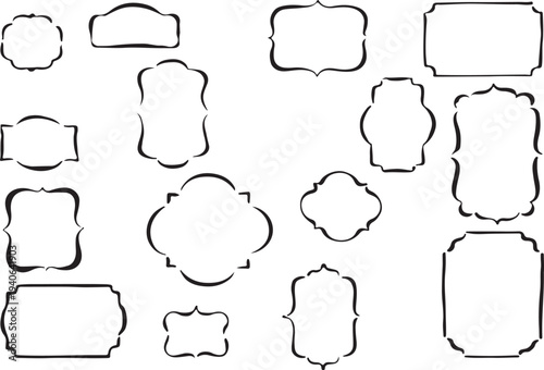 Assortment of 14 Vintage Decorative Labels and Frames, Black Outline on White