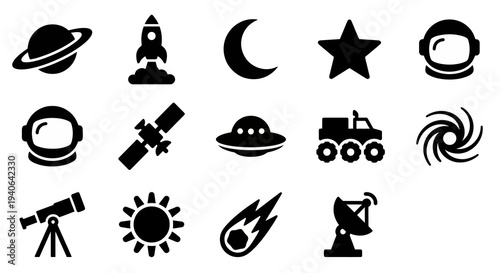 Solid black icons for space exploration and astronomy. Rocket launches, celestial bodies, and satellite technology collection. Vector illustration for educational apps, science fiction branding, and a