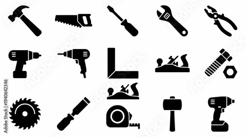 Solid black icons for hand tools and woodworking. Hammers, saws, and professional construction equipment collection. Vector illustration for hardware store apps, DIY websites, and repair service brand