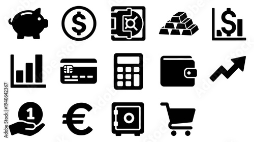 Solid black icons for finance and banking. Piggy banks, gold bars, and market charts collection. Vector illustration for investment apps, fintech branding, and corporate economy concepts. Black and wh