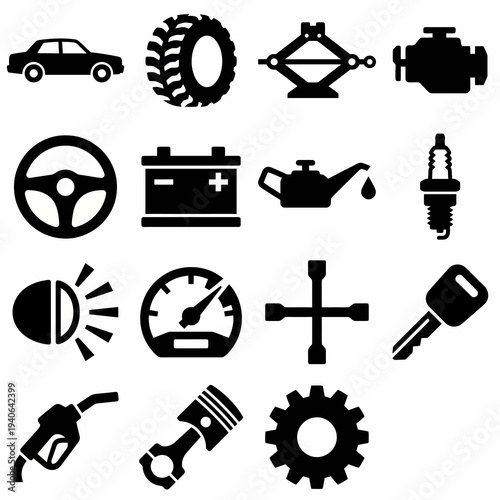 Solid black icons for automotive industry and car repair. Vehicle parts, mechanic tools, and transport collection. Vector illustration for repair shop apps, car dealership branding, and automotive tec